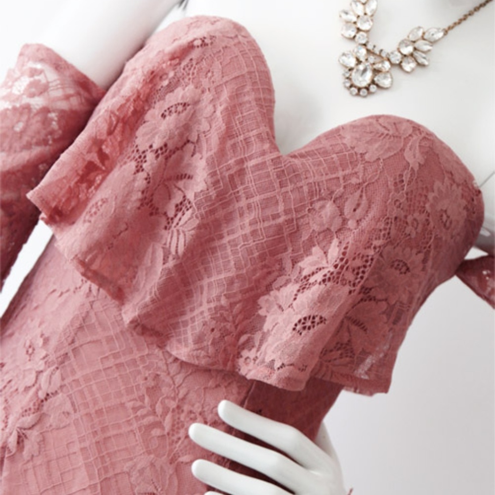 Last☝️Pink Ruffle Off Shoulder Lace Cocktail Dress - Picture 3 of 8